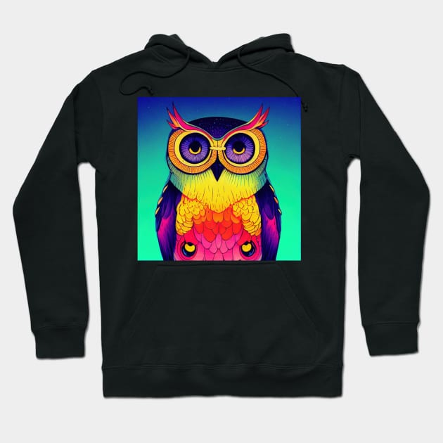 Colorful Owl Portrait Illustration - Bright Vibrant Colors Bohemian Style Feathers Psychedelic Bird Animal Rainbow Colored Art Hoodie by JensenArtCo